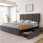 Struttura letto imbottita in lino nero/grigio/bianco con 4 cassetti contenitore | Matrimoniale/Queen/King | Per 1-2 persone