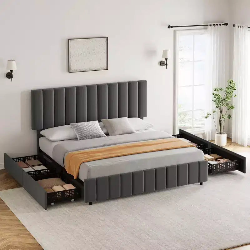 Struttura letto imbottita in lino nero/grigio/bianco con 4 cassetti contenitore | Matrimoniale/Queen/King | Per 1-2 persone
