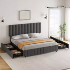Struttura letto imbottita in lino nero/grigio/bianco con 4 cassetti contenitore | Matrimoniale/Queen/King | Per 1-2 persone