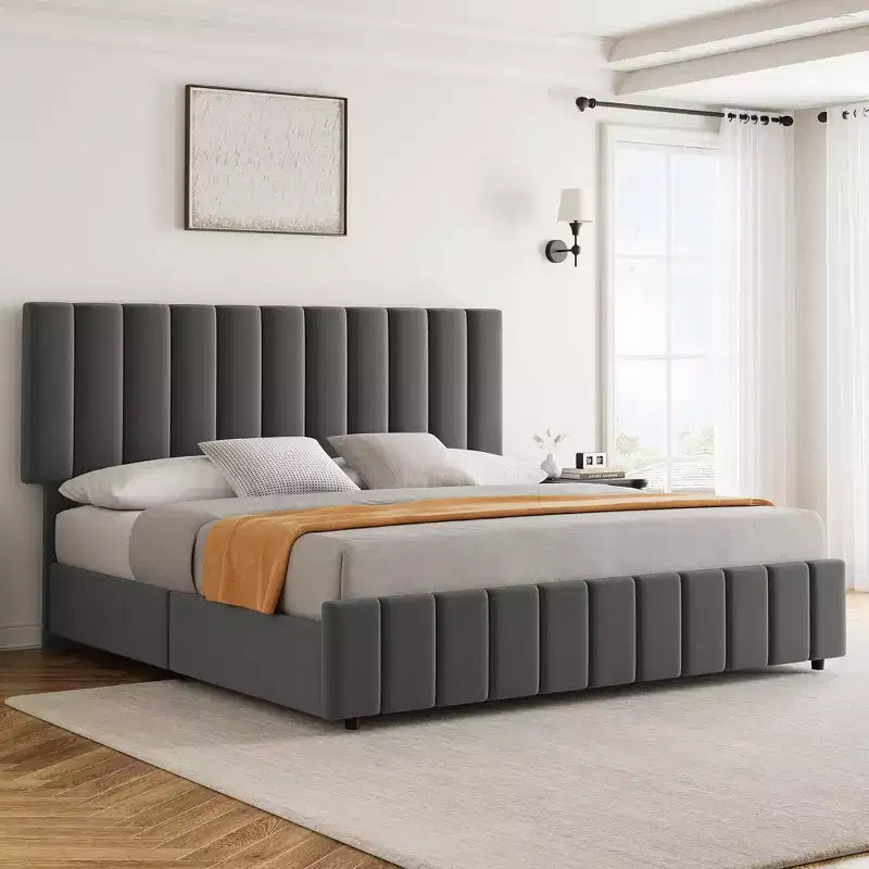 Struttura letto imbottita in lino nero/grigio/bianco con 4 cassetti contenitore | Matrimoniale/Queen/King | Per 1-2 persone