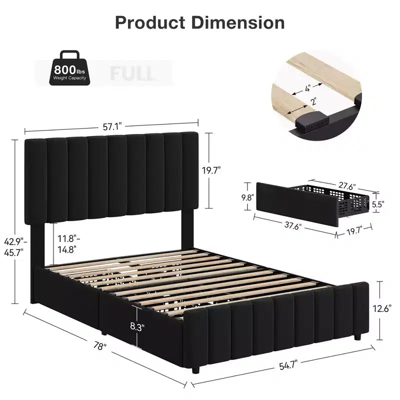Struttura letto imbottita in lino nero/grigio/bianco con 4 cassetti contenitore | Matrimoniale/Queen/King | Per 1-2 persone