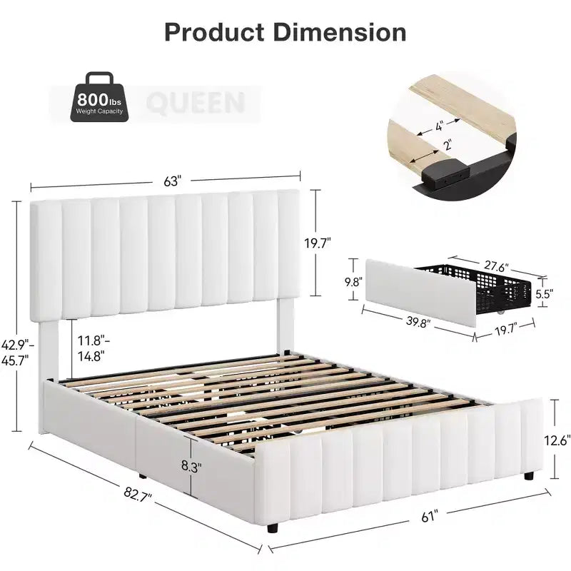 Struttura letto imbottita in lino nero/grigio/bianco con 4 cassetti contenitore | Matrimoniale/Queen/King | Per 1-2 persone