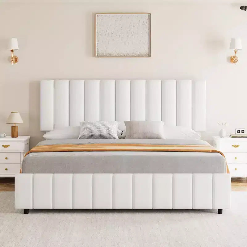 Struttura letto imbottita in lino nero/grigio/bianco con 4 cassetti contenitore | Matrimoniale/Queen/King | Per 1-2 persone