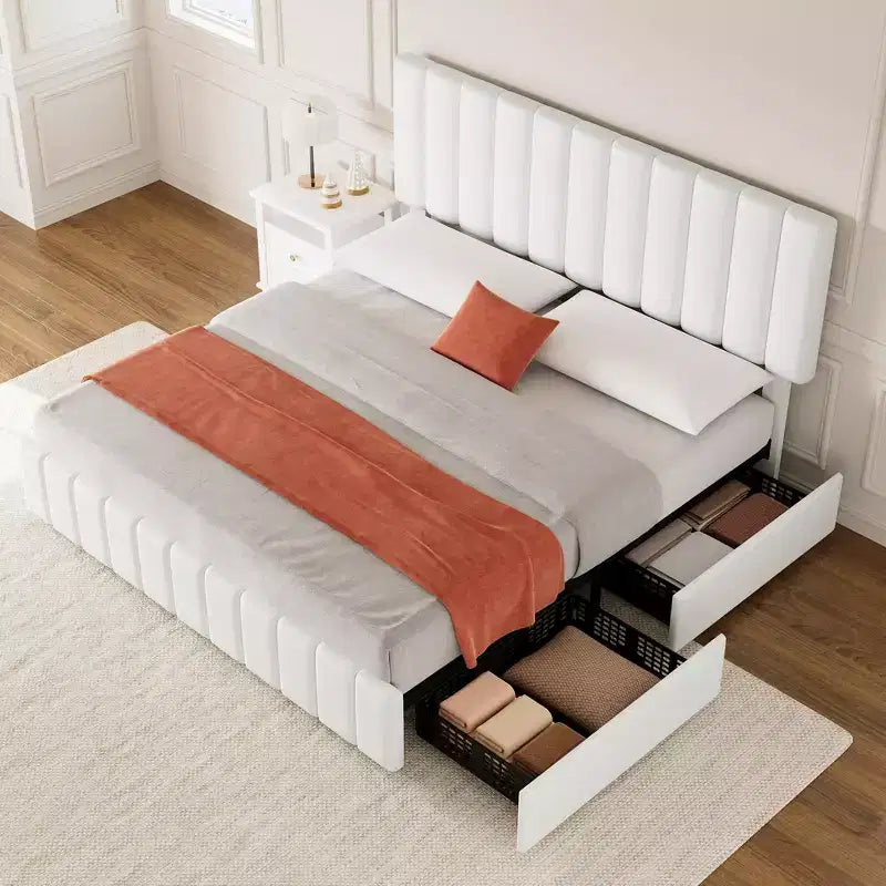 Struttura letto imbottita in lino nero/grigio/bianco con 4 cassetti contenitore | Matrimoniale/Queen/King | Per 1-2 persone