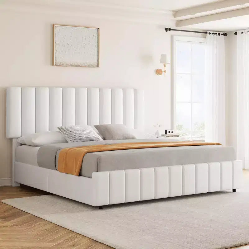 Struttura letto imbottita in lino nero/grigio/bianco con 4 cassetti contenitore | Matrimoniale/Queen/King | Per 1-2 persone