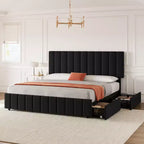Struttura letto imbottita in lino nero/grigio/bianco con 4 cassetti contenitore | Matrimoniale/Queen/King | Per 1-2 persone