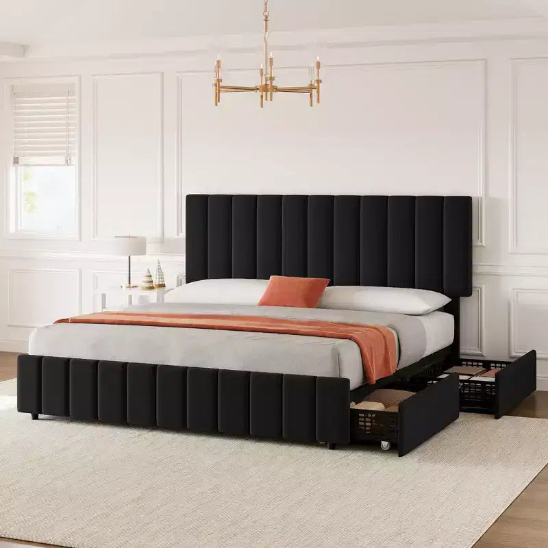Struttura letto imbottita in lino nero/grigio/bianco con 4 cassetti contenitore | Matrimoniale/Queen/King | Per 1-2 persone