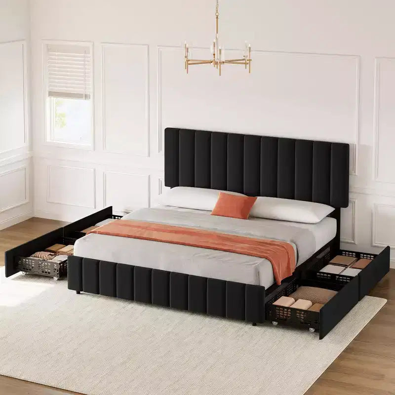 Struttura letto imbottita in lino nero/grigio/bianco con 4 cassetti contenitore | Matrimoniale/Queen/King | Per 1-2 persone