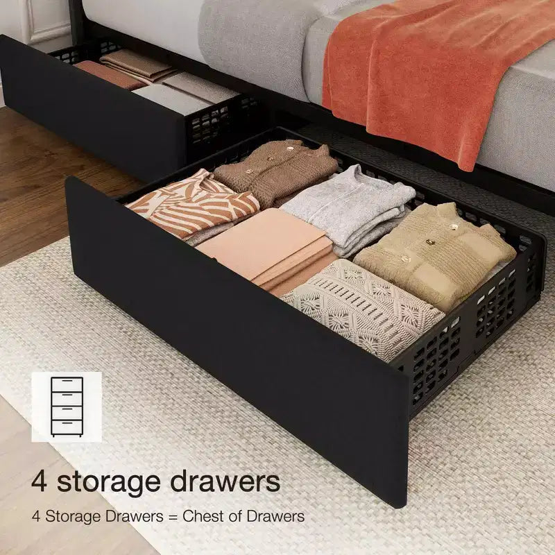 Struttura letto imbottita in lino nero/grigio/bianco con 4 cassetti contenitore | Matrimoniale/Queen/King | Per 1-2 persone