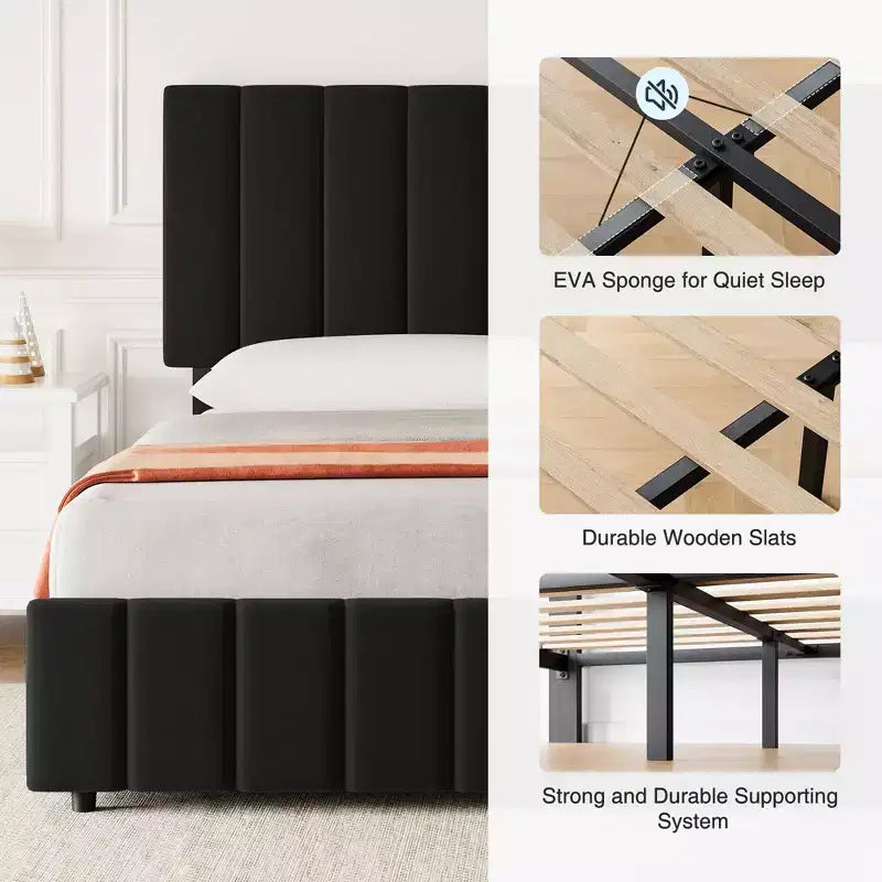 Struttura letto imbottita in lino nero/grigio/bianco con 4 cassetti contenitore | Matrimoniale/Queen/King | Per 1-2 persone