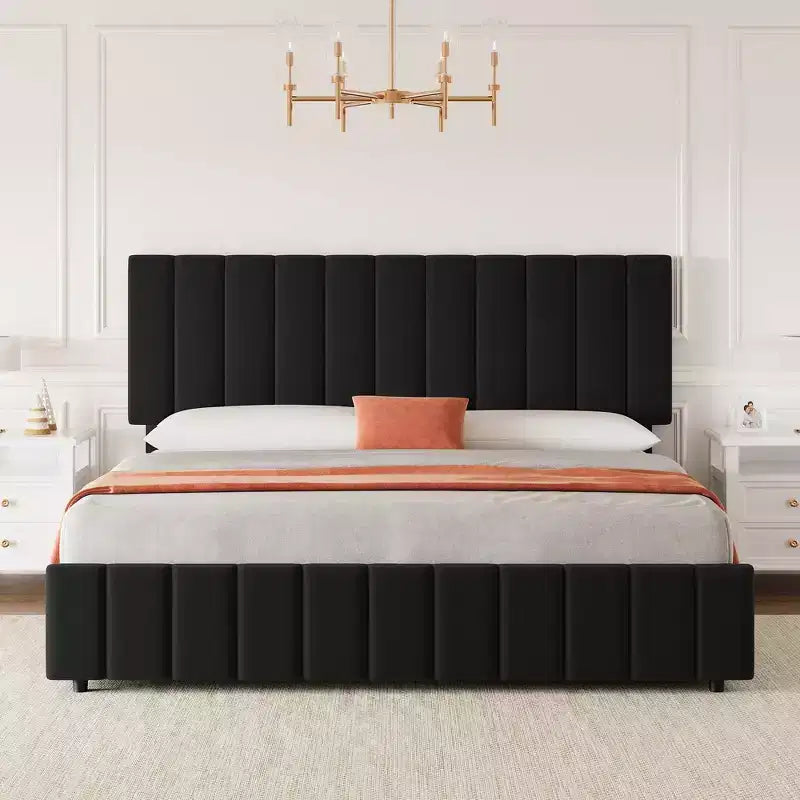 Struttura letto imbottita in lino nero/grigio/bianco con 4 cassetti contenitore | Matrimoniale/Queen/King | Per 1-2 persone