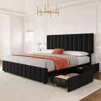 Struttura letto imbottita in lino nero/grigio/bianco con 4 cassetti contenitore | Matrimoniale/Queen/King | Per 1-2 persone