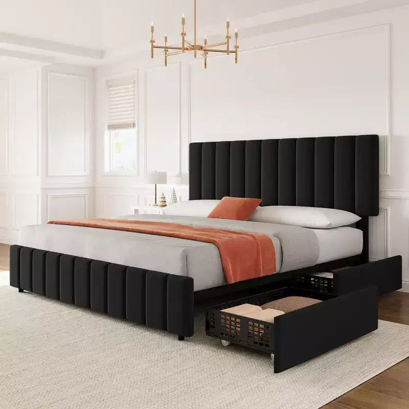 Struttura letto imbottita in lino nero/grigio/bianco con 4 cassetti contenitore | Matrimoniale/Queen/King | Per 1-2 persone