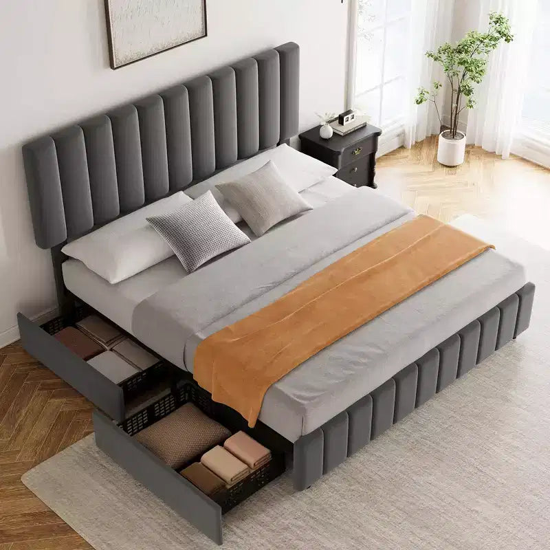 Struttura letto imbottita in lino nero/grigio/bianco con 4 cassetti contenitore | Matrimoniale/Queen/King | Per 1-2 persone