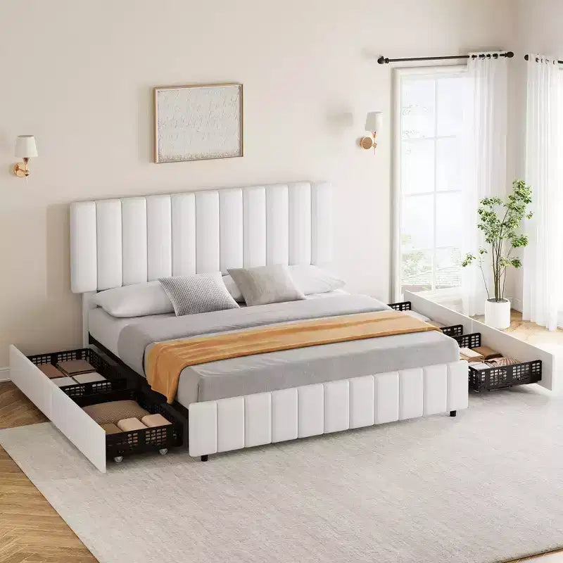Struttura letto imbottita in lino nero/grigio/bianco con 4 cassetti contenitore | Matrimoniale/Queen/King | Per 1-2 persone