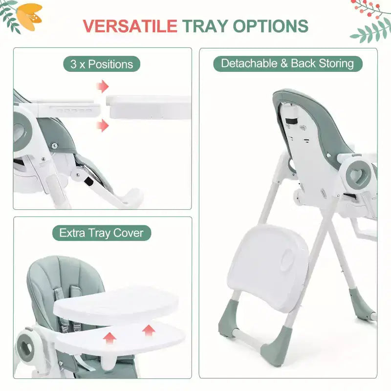 Seggiolone pieghevole per bambini Grigio / Verde / Cachi, 1 bambino, regolabile con vassoio rimovibile