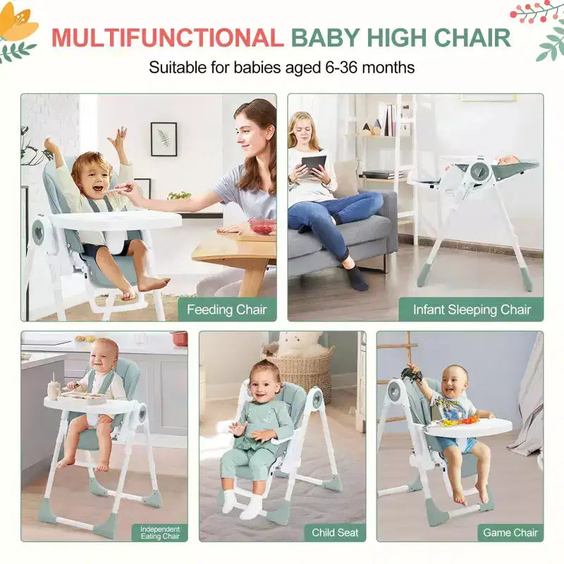 Seggiolone pieghevole per bambini Grigio / Verde / Cachi, 1 bambino, regolabile con vassoio rimovibile