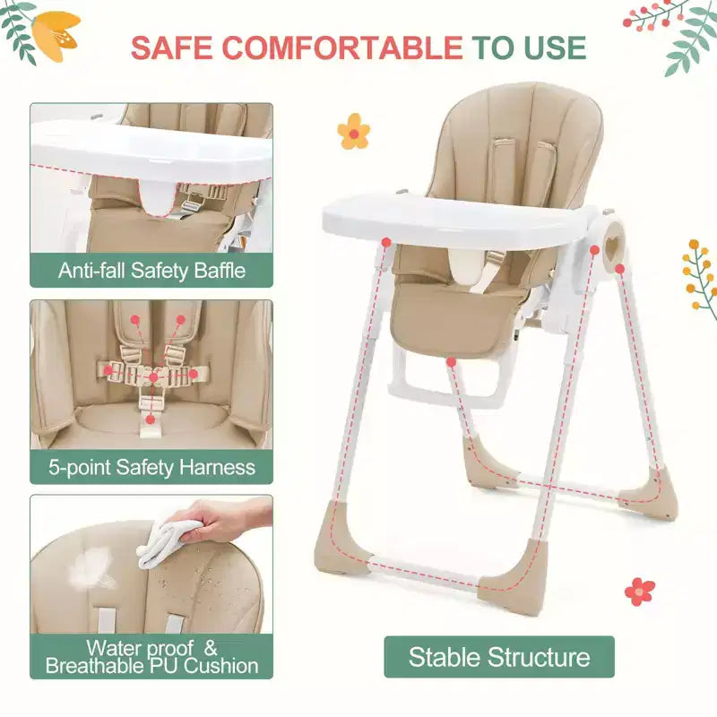 Seggiolone pieghevole per bambini Grigio / Verde / Cachi, 1 bambino, regolabile con vassoio rimovibile