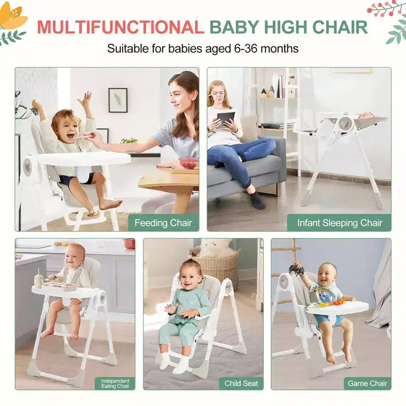 Seggiolone pieghevole per bambini Grigio / Verde / Cachi, 1 bambino, regolabile con vassoio rimovibile