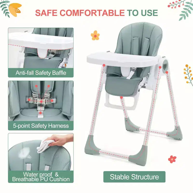 Seggiolone pieghevole per bambini Grigio / Verde / Cachi, 1 bambino, regolabile con vassoio rimovibile