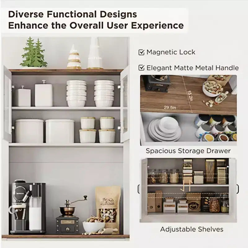 Credenza / Dispensa da Cucina Autoportante Grigia/Bianca con Ante in Vetro, 4 Ante 1 Cassetto