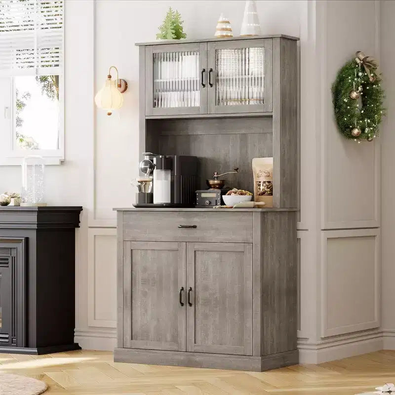 Credenza / Dispensa da Cucina Autoportante Grigia/Bianca con Ante in Vetro, 4 Ante 1 Cassetto