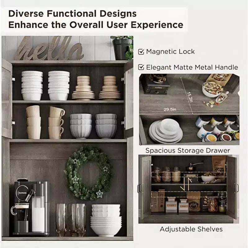 Credenza / Dispensa da Cucina Autoportante Grigia/Bianca con Ante in Vetro, 4 Ante 1 Cassetto