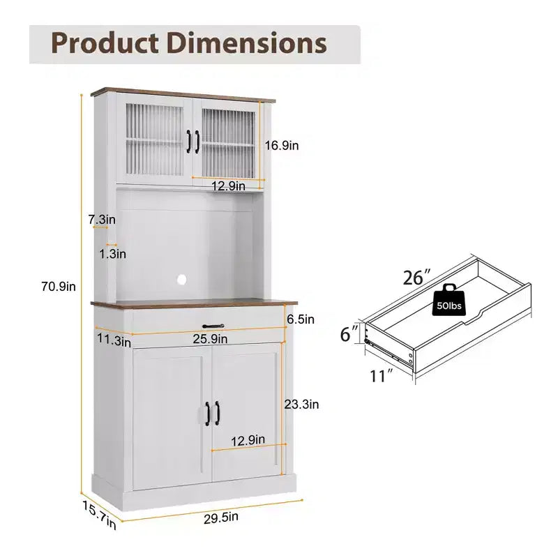 Credenza / Dispensa da Cucina Autoportante Grigia/Bianca con Ante in Vetro, 4 Ante 1 Cassetto
