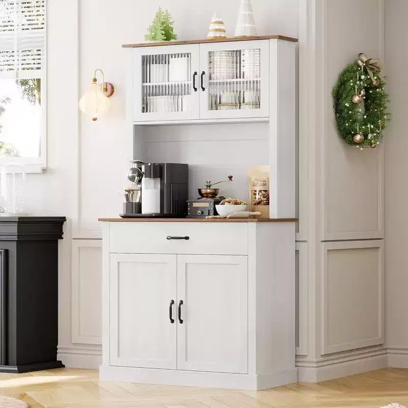 Credenza / Dispensa da Cucina Autoportante Grigia/Bianca con Ante in Vetro, 4 Ante 1 Cassetto