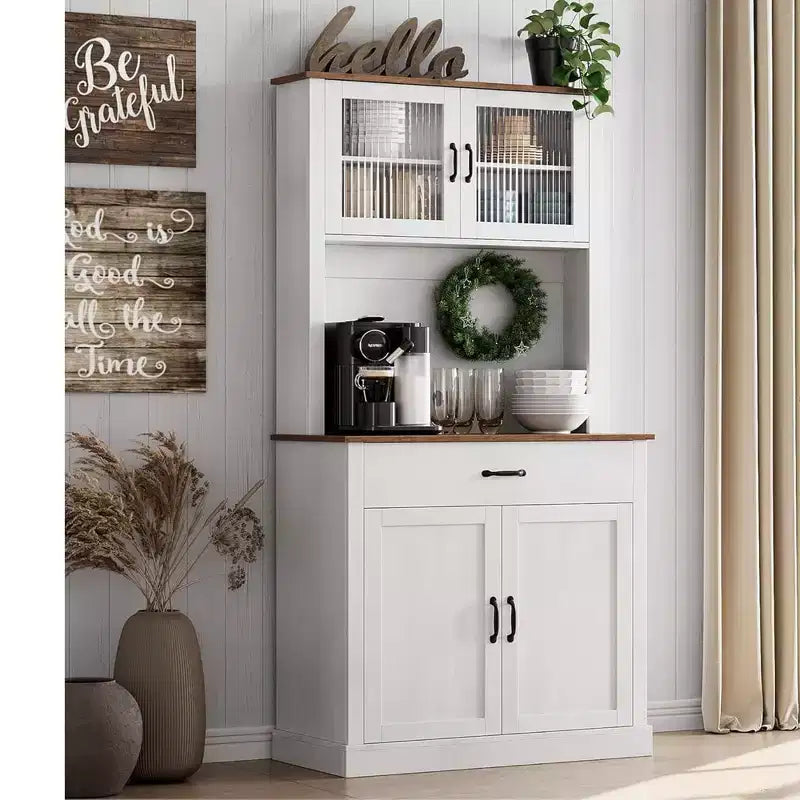 Credenza / Dispensa da Cucina Autoportante Grigia/Bianca con Ante in Vetro, 4 Ante 1 Cassetto