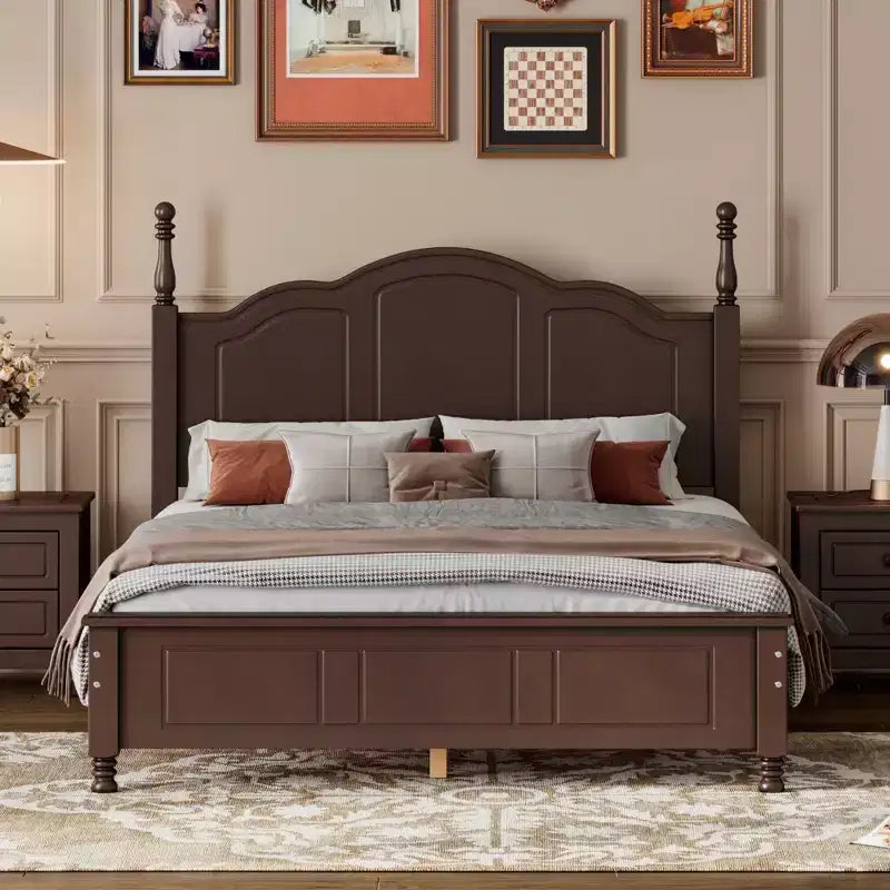 Retro Platform Bed Frame Wood Platform Bed with Headboard for Bedroom