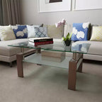 Modern Rectangular Glass Coffee Table with Lower Shelf, Living Room or Office Side Table