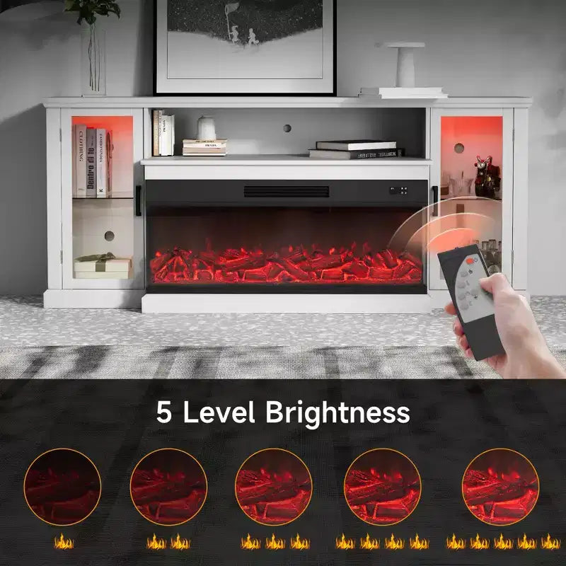 Mobile TV in stile rustico da 72,8" con caminetto elettrico a 3 lati da 40", nero/bianco, adatto per TV fino a 80"
