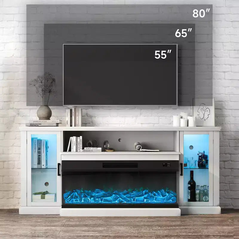 Mobile TV in stile rustico da 72,8" con caminetto elettrico a 3 lati da 40", nero/bianco, adatto per TV fino a 80"