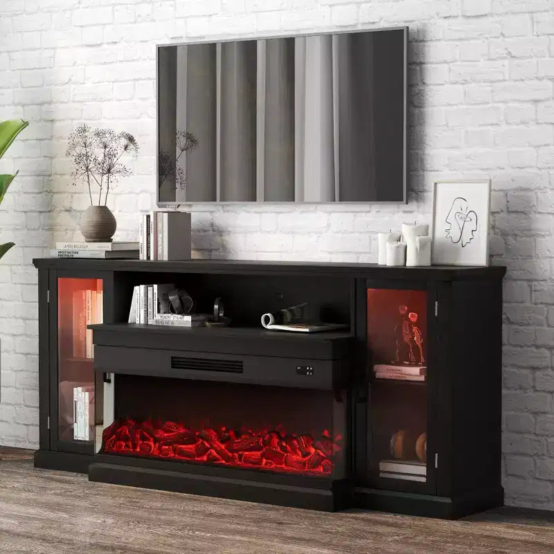 Real Relax 72.8 in. Farmhouse TV Cabinet with 3-Sided Glass Electric Fireplace Adjustable 12 LED Light Colors Media Console for TVs up to 80 in.