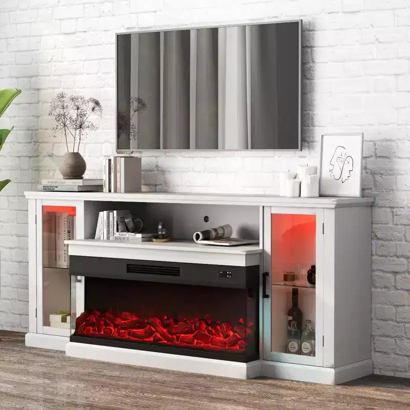 Mobile TV in stile rustico da 72,8" con caminetto elettrico a 3 lati da 40", nero/bianco, adatto per TV fino a 80"