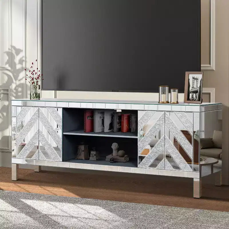 Mobile TV moderno bianco con 2 ante e ripiano a giorno, adatto fino a 65"