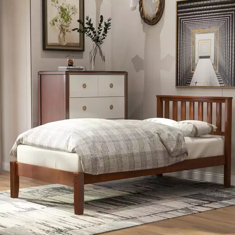 Wood Twin Size Platform Bed Frame with Headboard and Footboard for Kids Boys Girls Teens Adults, Walnut