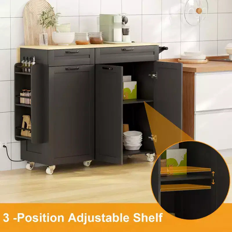 Carrello da Cucina Nero con Ante a Goccia, 3 Ante, Singolo