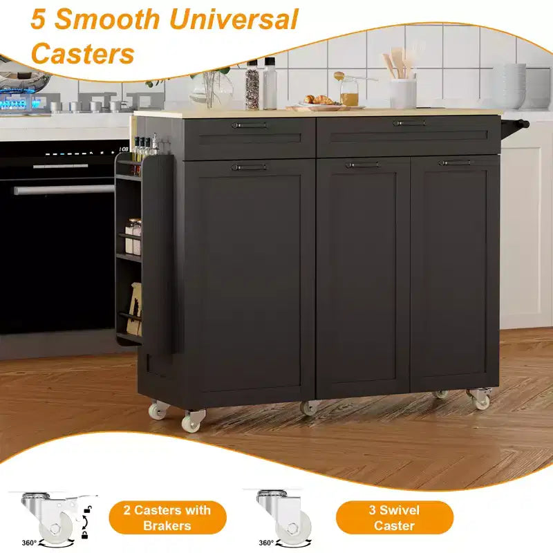 Carrello da Cucina Nero con Ante a Goccia, 3 Ante, Singolo