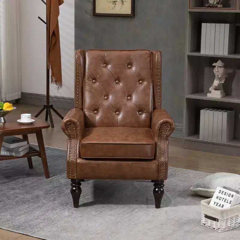 Poltrona d'accento in similpelle con gambe in legno, seduta singola
