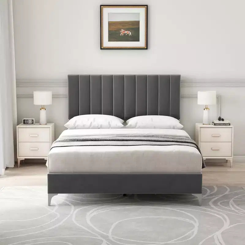 Platform Bed Frame with Adjustable Upholstered Headboard, Heavy Duty Support, Noise Free Wooden Slats, No Box Spring Needed, Easy Assembly, Grey