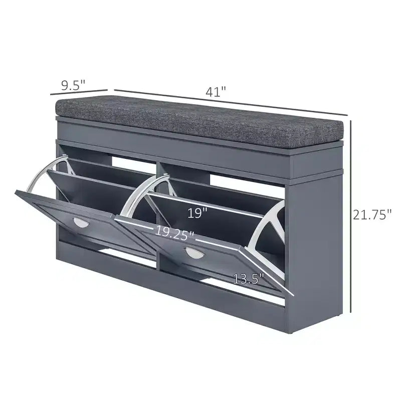 Panca scarpiera con cuscino, 2 cassetti, Nero/Grigio/Bianco