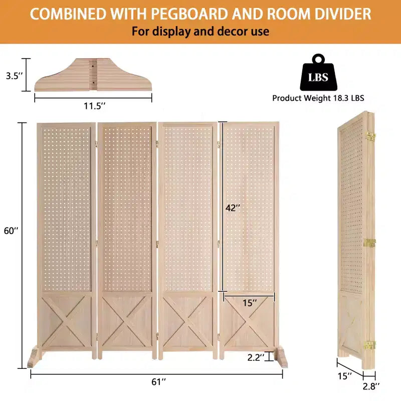 Divisorio Paravento a 4 Pannelli Indipendente in Legno Naturale con Pannelli Forati, 1,5 M