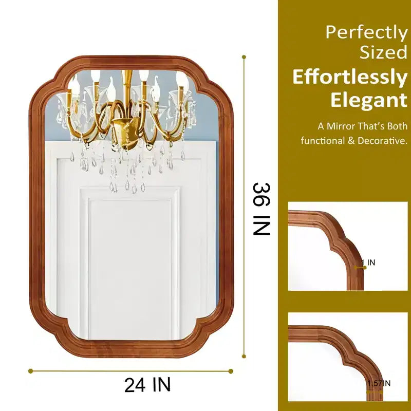 Specchio da parete in legno massello con angoli arrotondati, marrone, stile rustico moderno, 60x90 cm