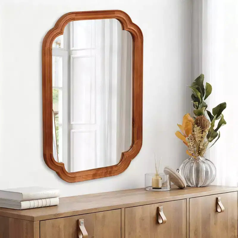 Specchio da parete in legno massello con angoli arrotondati, marrone, stile rustico moderno, 60x90 cm