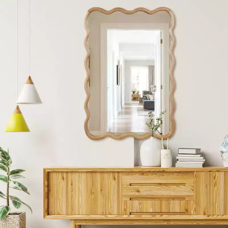 Specchio da parete rettangolare ondulato in legno naturale, 24x36 pollici, singolo