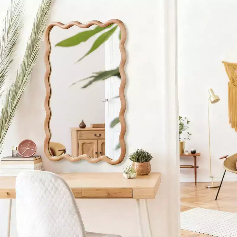 Specchio da parete rettangolare ondulato in legno naturale, 24x36 pollici, singolo