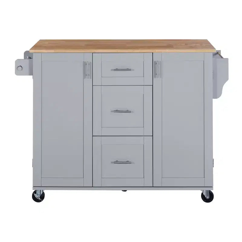 Isola da Cucina con Ruote Nera / Blu / Bianca con Piano in Legno di Gomma, 2 Ripiani Estraibili e Porta Spezie