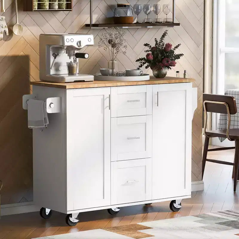 Isola da Cucina con Ruote Nera / Blu / Bianca con Piano in Legno di Gomma, 2 Ripiani Estraibili e Porta Spezie